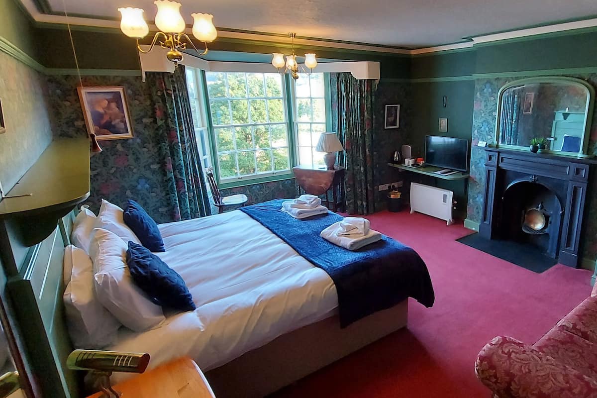 Ein Zimmer mit einem Bett, einem Schreibtisch, einem Kamin und einer Couch.