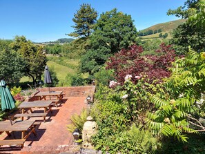 A patio with wooden tables and benches, surrounded by lush greenery and flowering plants. - Bron-y-Graig (Corwen)