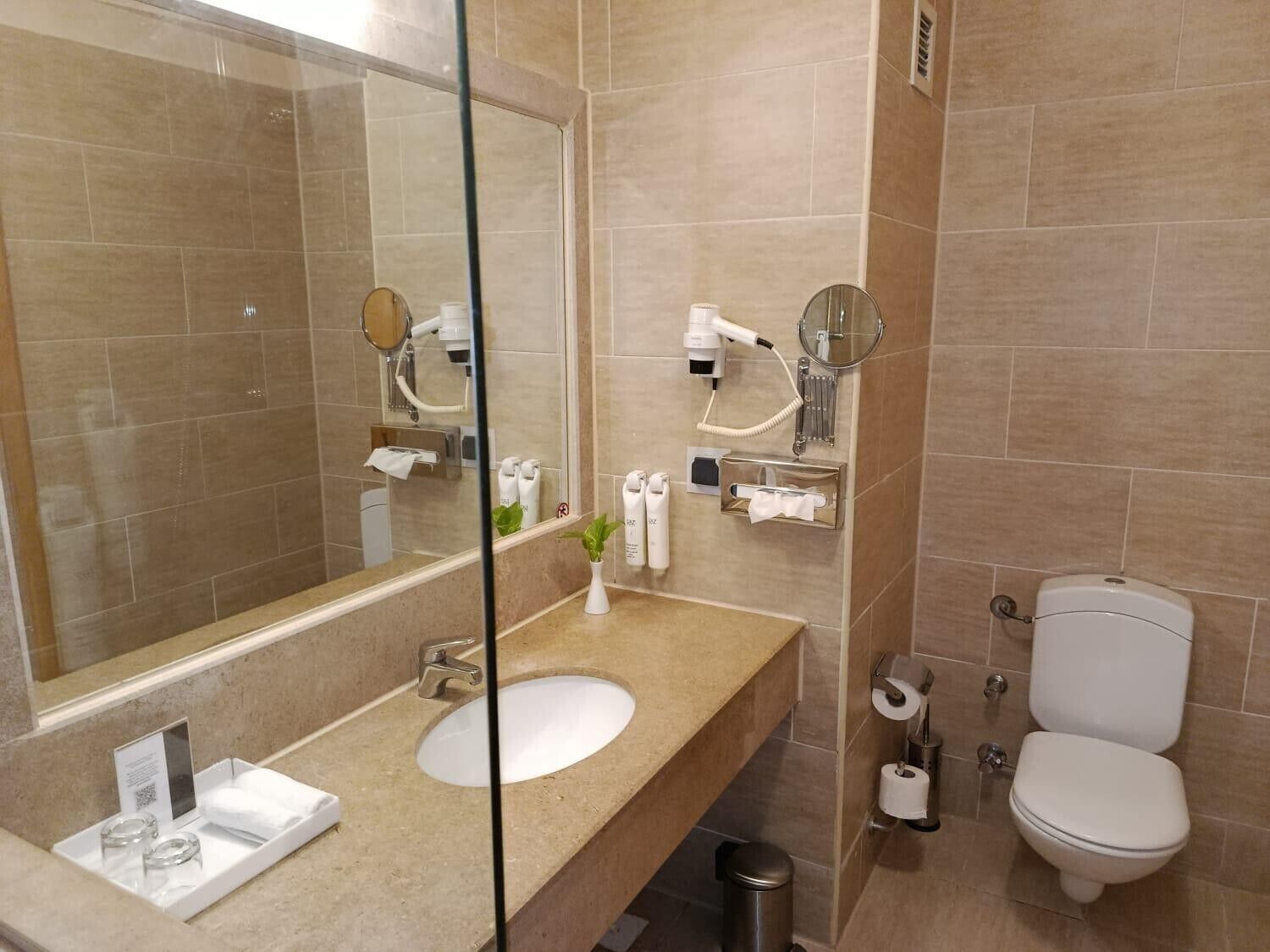 Une salle de bain équipée d’un lavabo, d’un miroir, d’un sèche-cheveux et de toilettes.