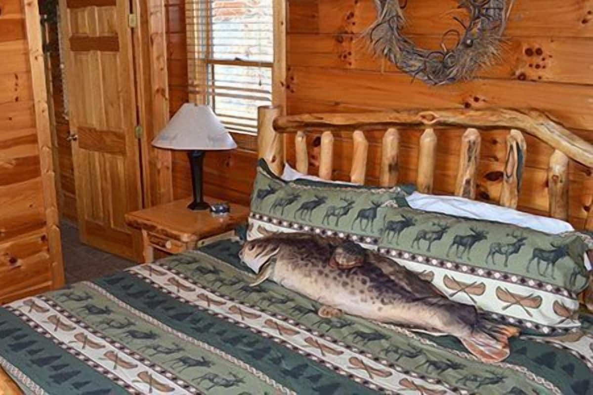Interior de una cabaña de madera con una cama, almohada con estampado de alce, una lámpara de noche y un cuadro en la pared.
