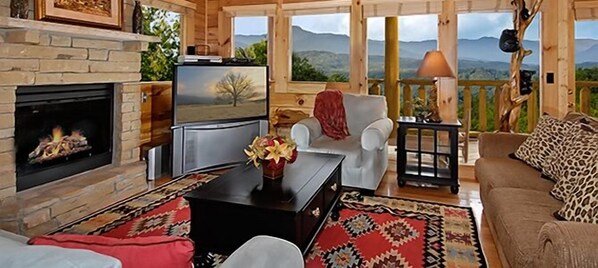 Luxury Cabin, 1 Bedroom, Hot Tub, Mountain View (Sleeps up to 8 ) | Living area | TV, fireplace