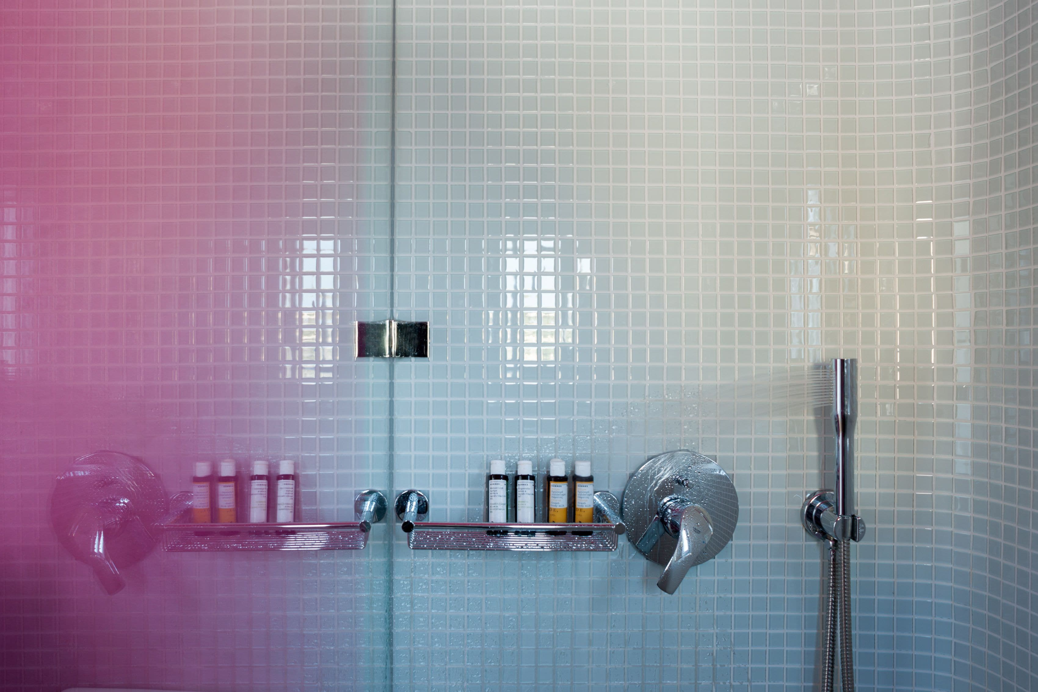 Ein Badezimmer mit Duschkabine aus Glas, einer chromfarbenen Duschbrause und Ablagefläche für Toilettenartikel.