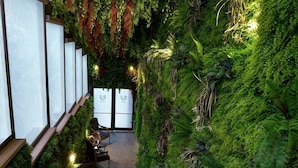 Un intérieur moderne avec un mur vert, un banc en bois et une chaise.