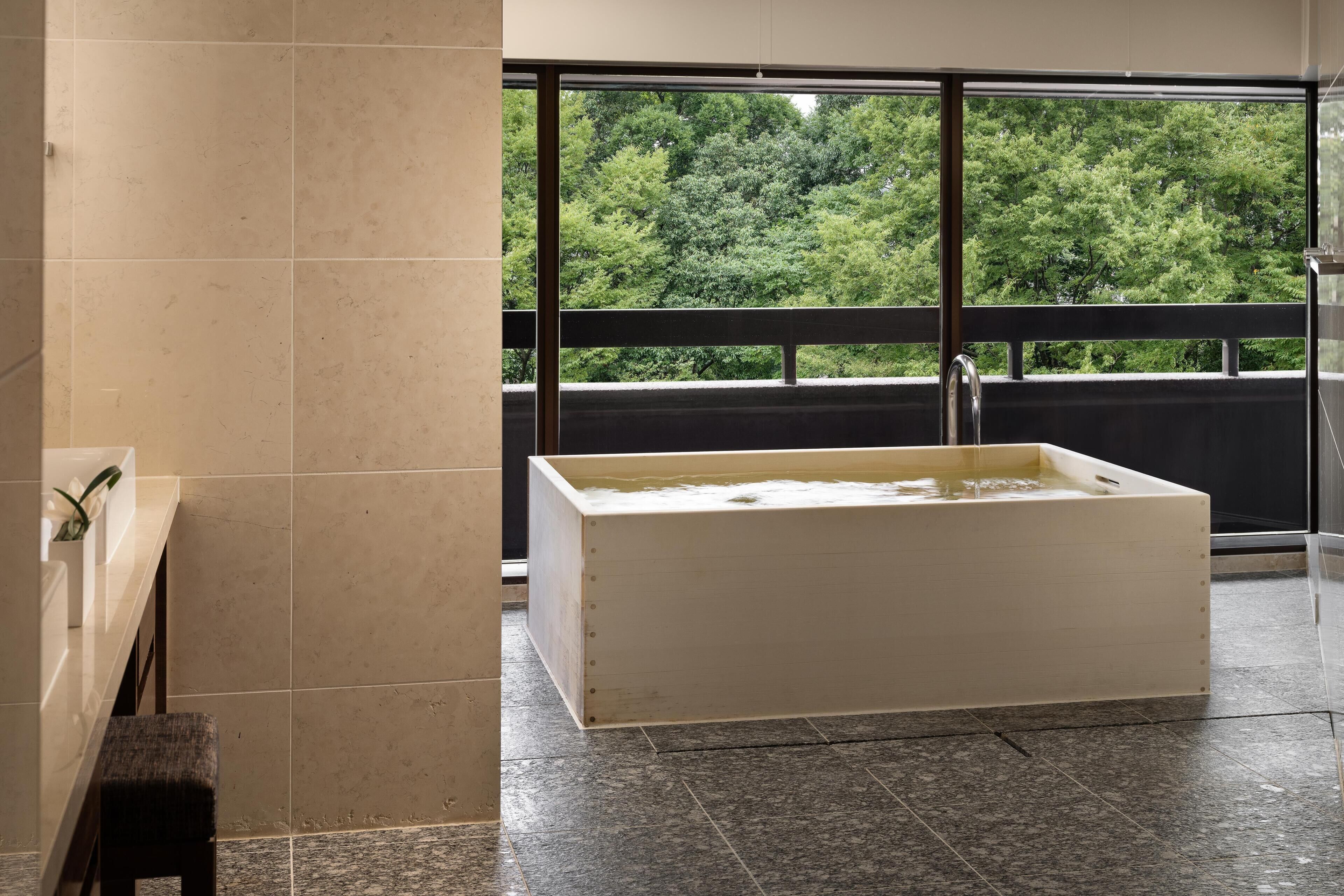 Separate tub and shower, deep soaking tub, free toiletries, hair dryer