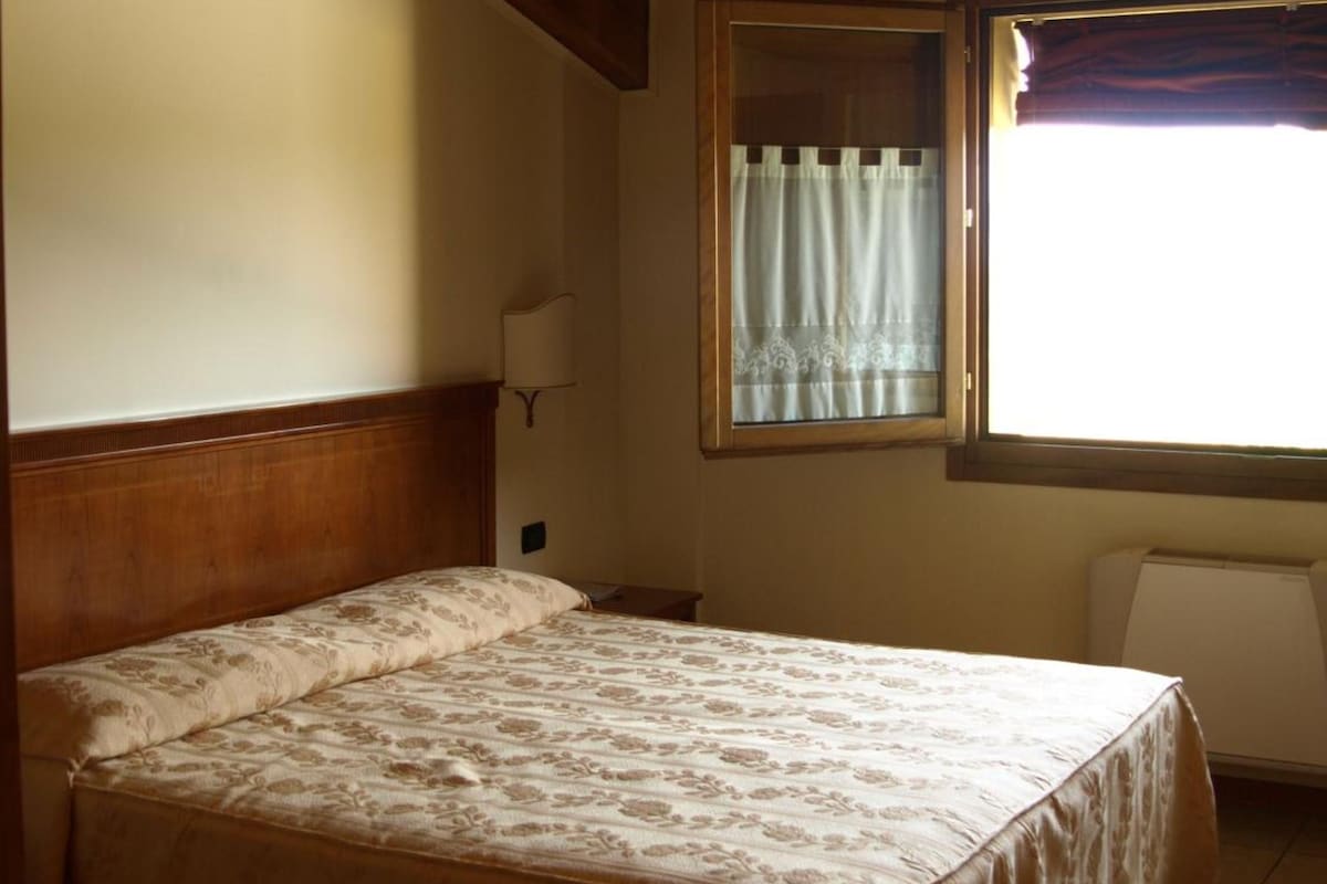 A room with a bed, a window with curtains, and a radiator.