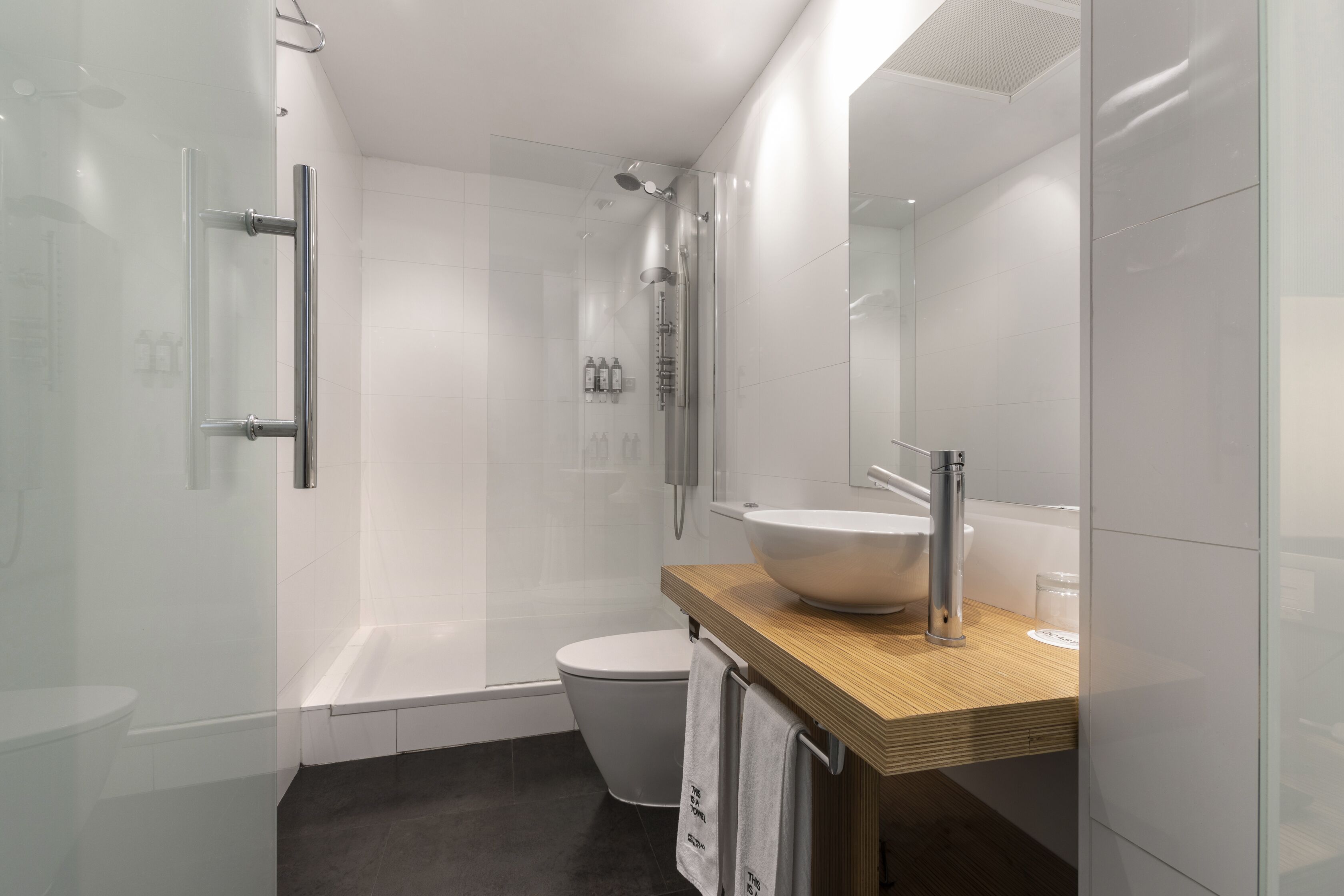 basic single room | bathroom | shower, hair dryer, towels