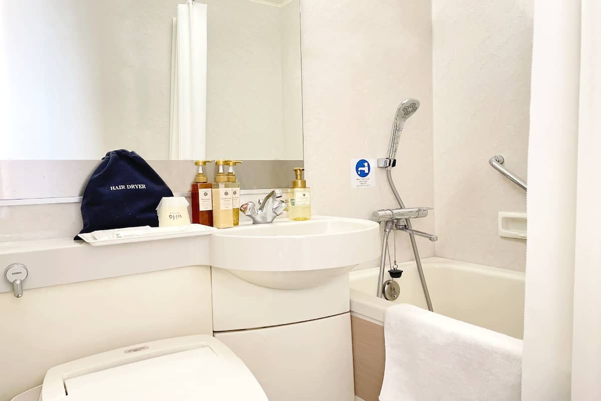 シャワー付き浴槽、ヘアドライヤー、スリッパ、ビデ