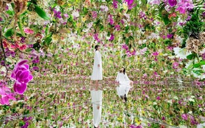 A room with a reflective floor, surrounded by dense floral arrangements.