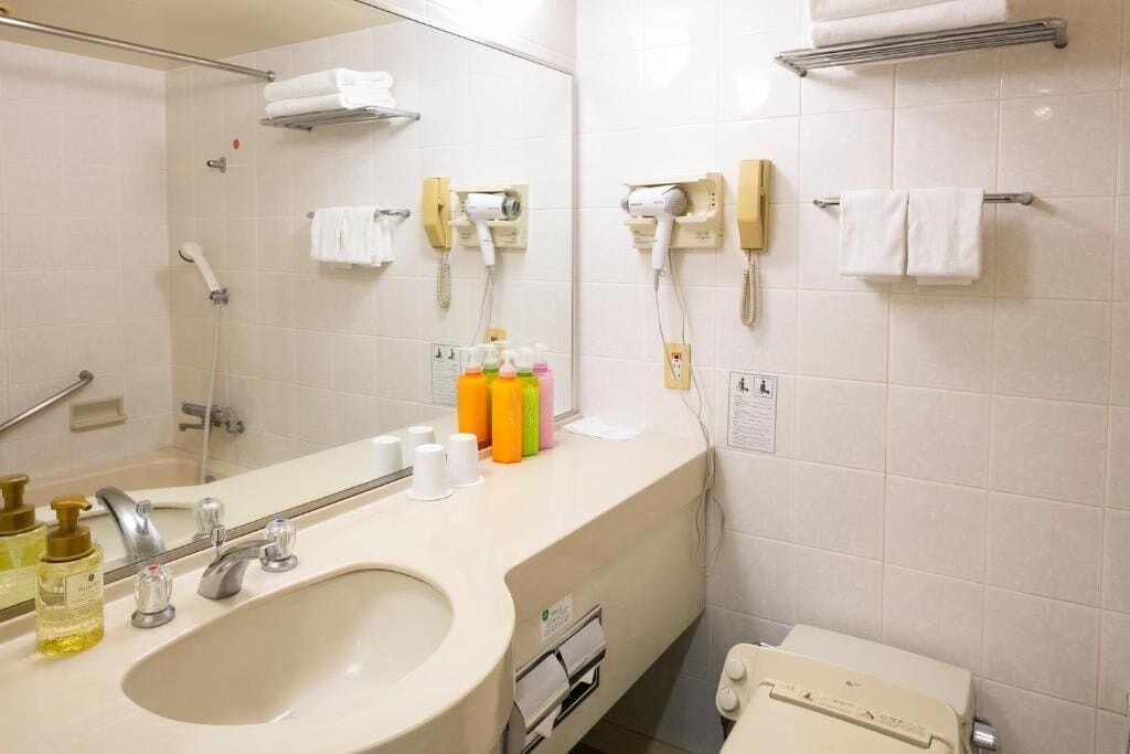 A hotel bathroom with a sink, mirror, towel rack, hairdryer, and toilet.