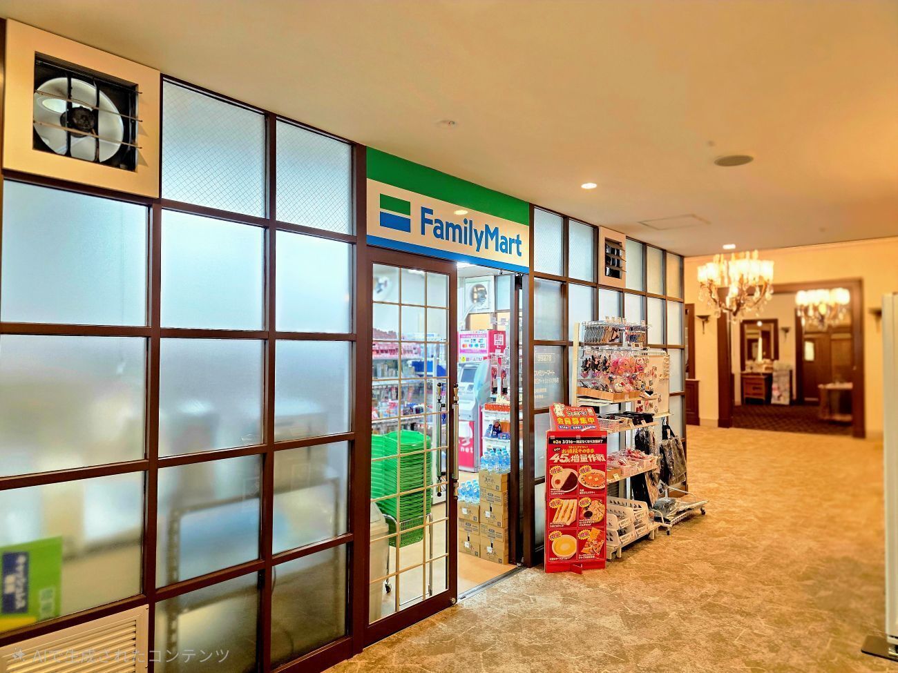 Een FamilyMart winkel met een zichtbare ingang, een etalage met producten en een kroonluchter op de achtergrond.