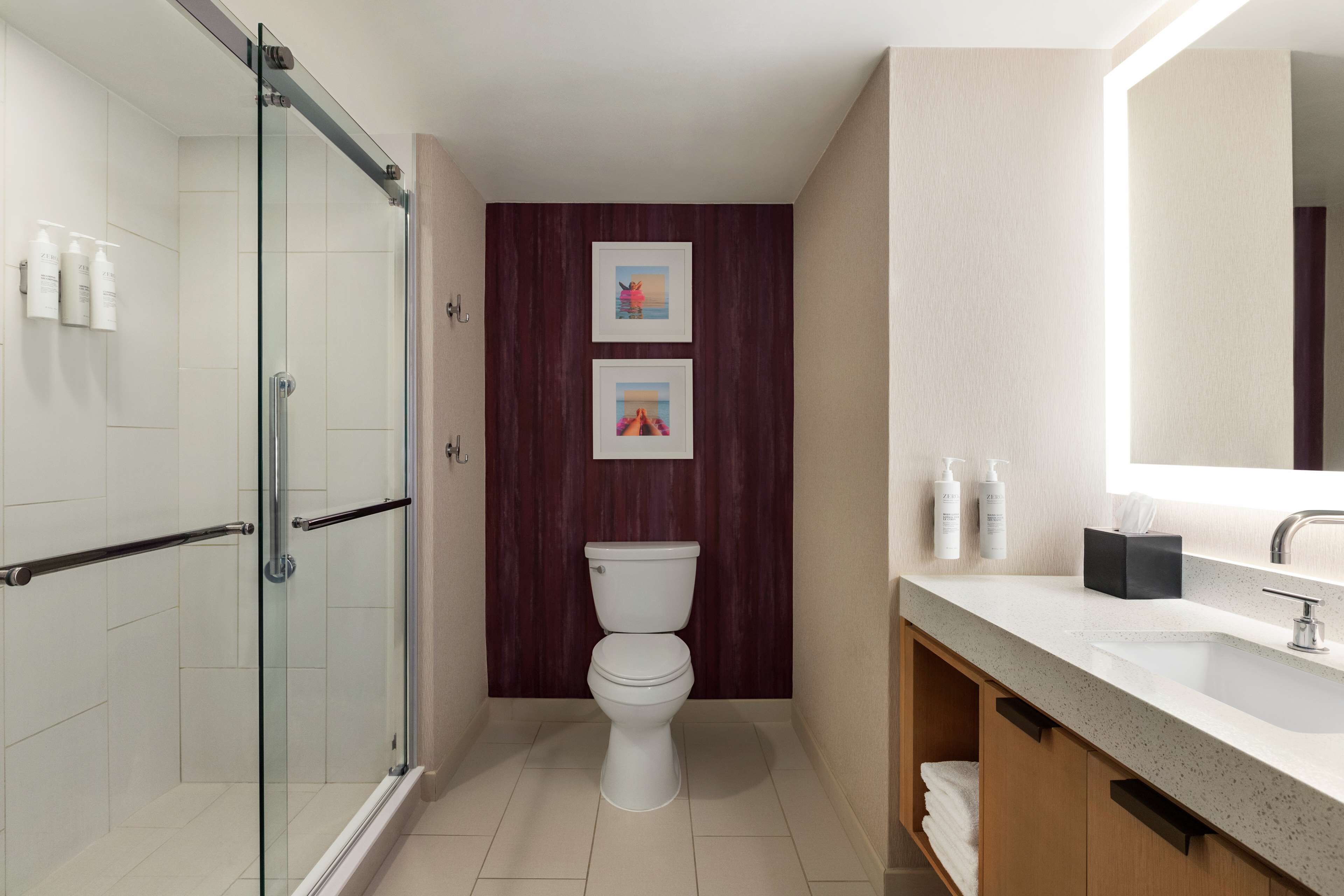A modern bathroom with a glass shower enclosure, a white toilet, and a large mirror above the sink.
