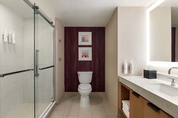 A modern bathroom with a glass shower enclosure, a white toilet, and a large mirror above the sink.