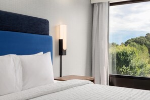 A hotel room with a bed, a nightstand, a wall-mounted lamp, and a window with a view of greenery. - Hampton Inn Farmville, VA (Farmville)