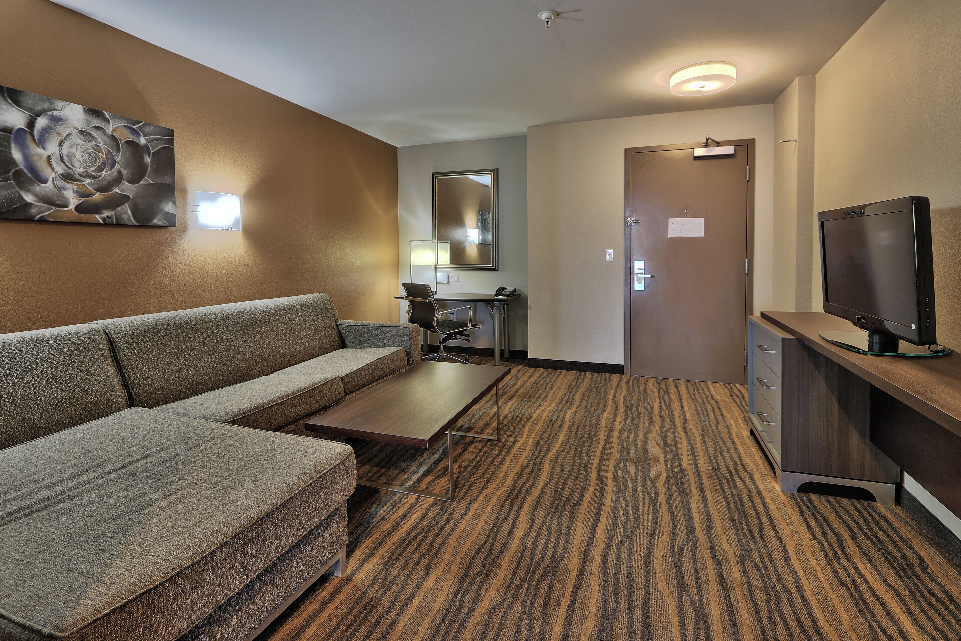 Une chambre d’hôtel avec un canapé, une petite table, une télévision, un miroir et une porte.