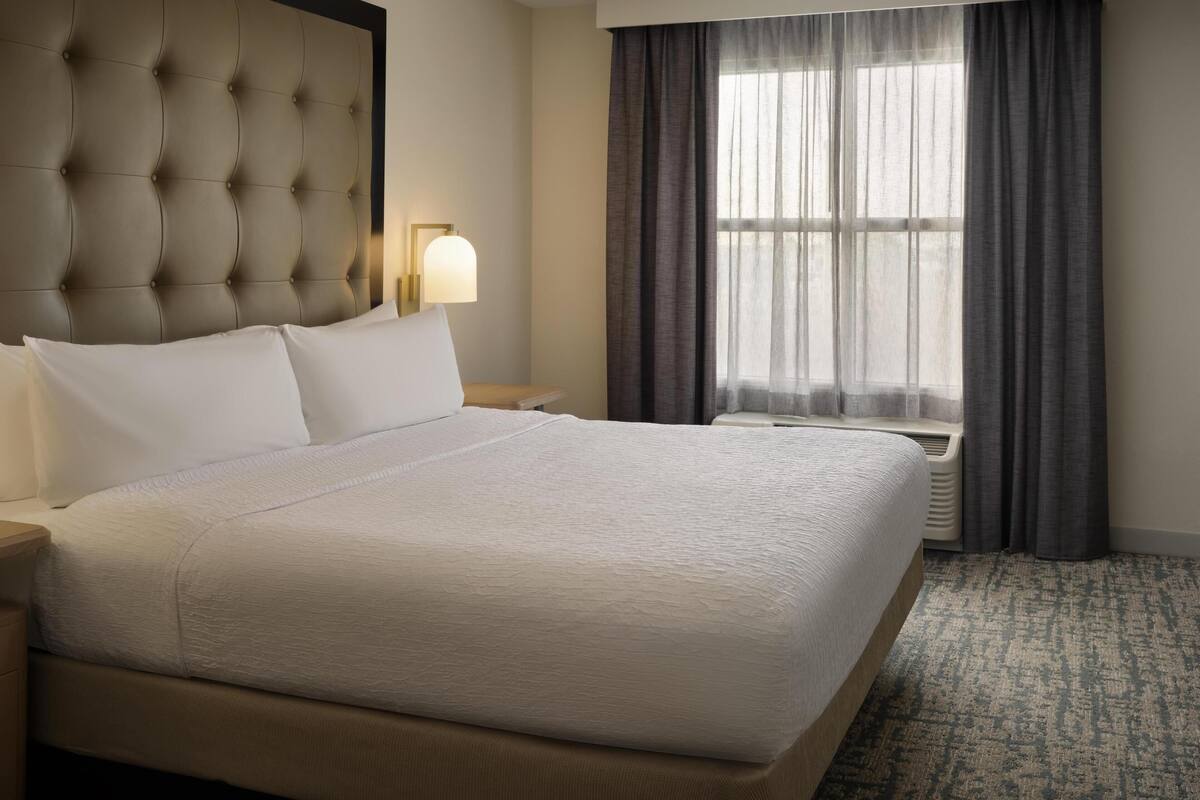 A hotel room with a large bed, a headboard, a bedside lamp, a window with curtains, and a carpeted floor.