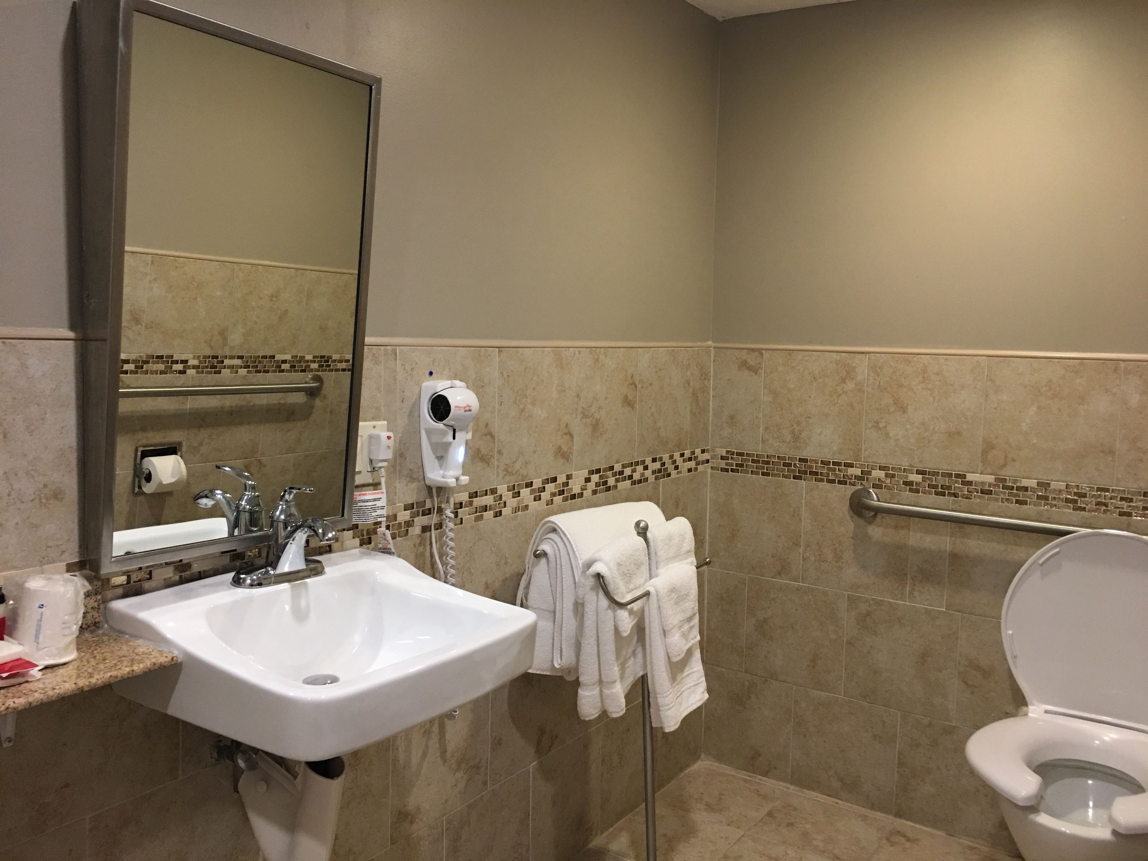 Ein Badezimmer mit Waschbecken, Spiegel, Handtuchhalter und Toilette.