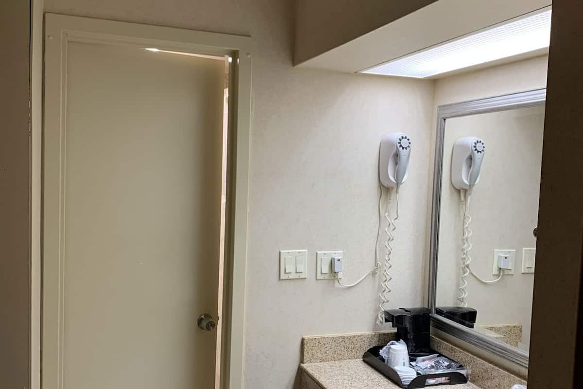 A hotel bathroom with a sink, mirror, hairdryer, and coffee maker.