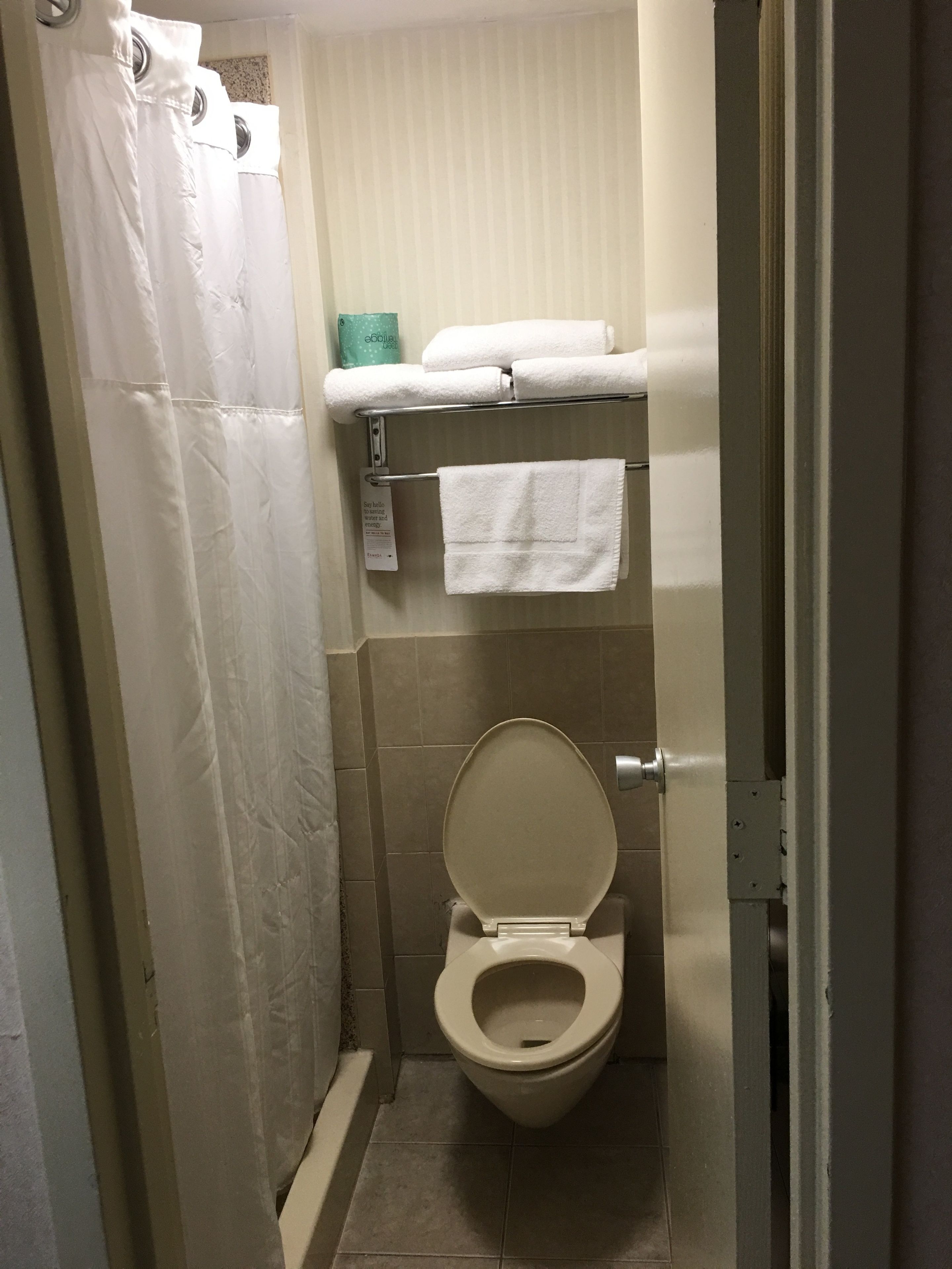 A small, compact bathroom with a toilet, a shower curtain, and a towel rack with towels.