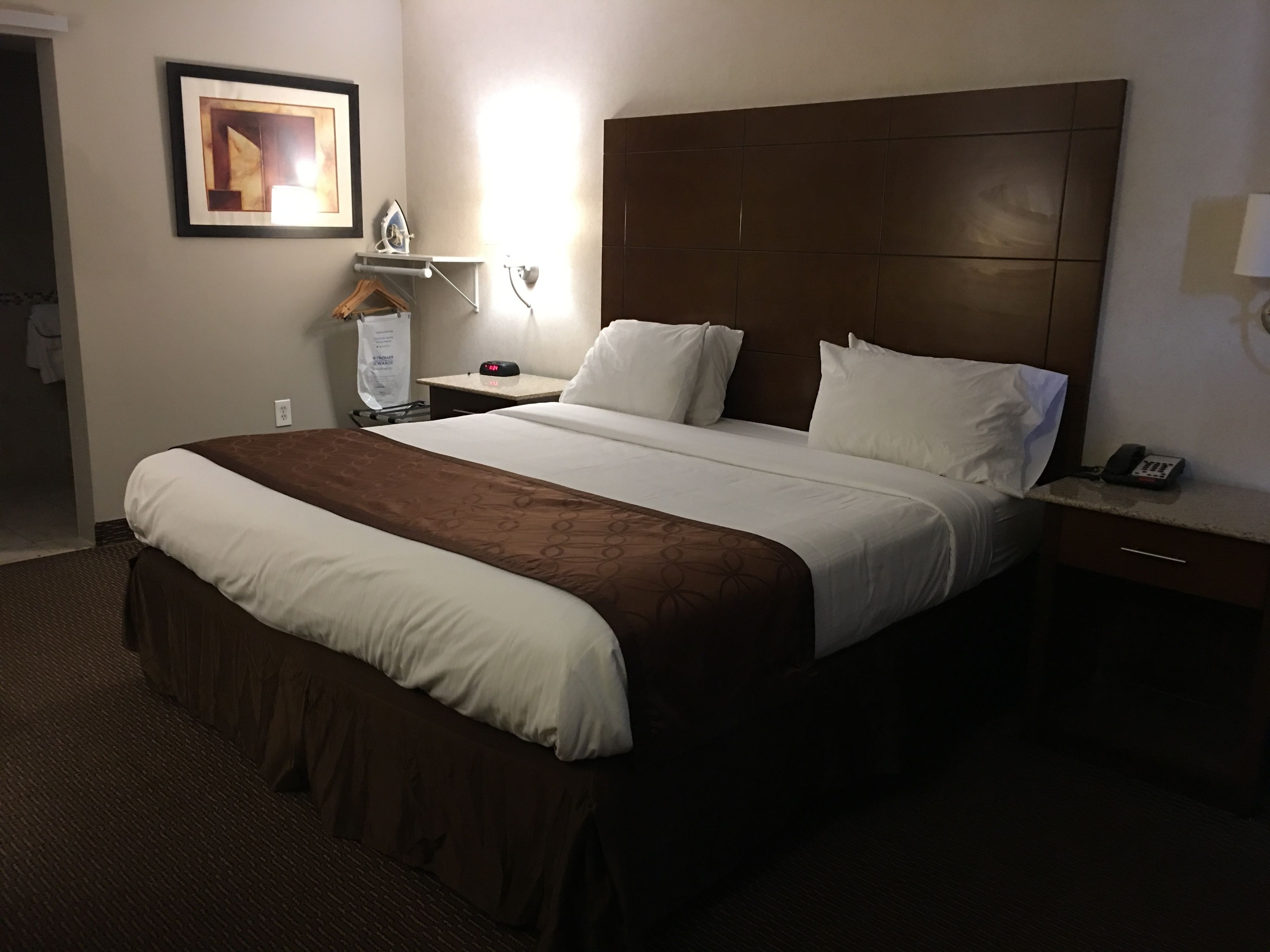 Een hotelkamer met een groot bed, een nachtkastje met een lamp, een lijst met een foto aan de muur en een klein plankje met een tas.