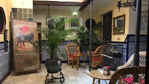 A cozy interior with a large poster, wicker furniture, and a potted plant. - Hotel Nova Centro (Jerez de la Frontera)