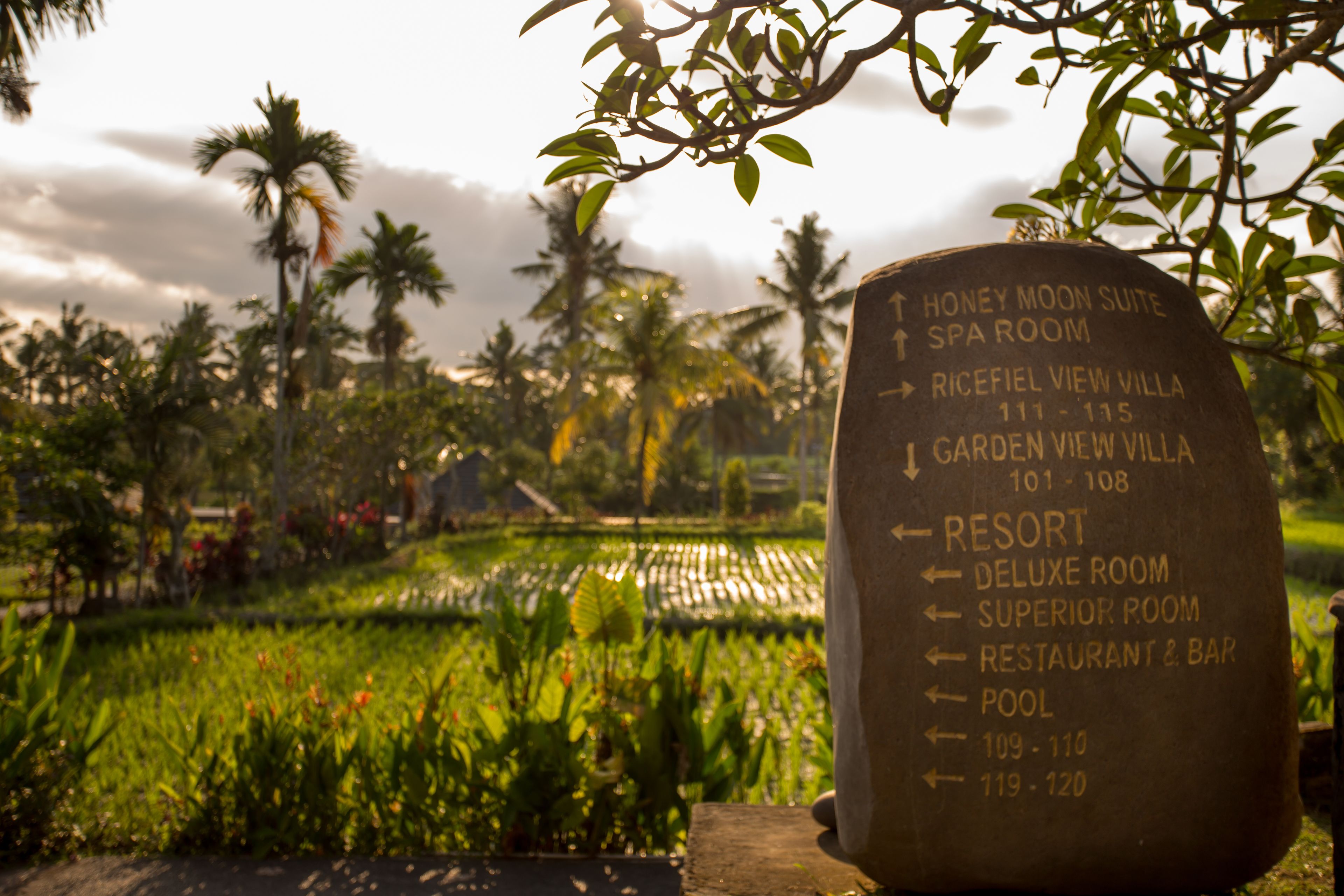 A sign with directional arrows and room numbers for a resort, including a spa room, garden view villa, and pool area.