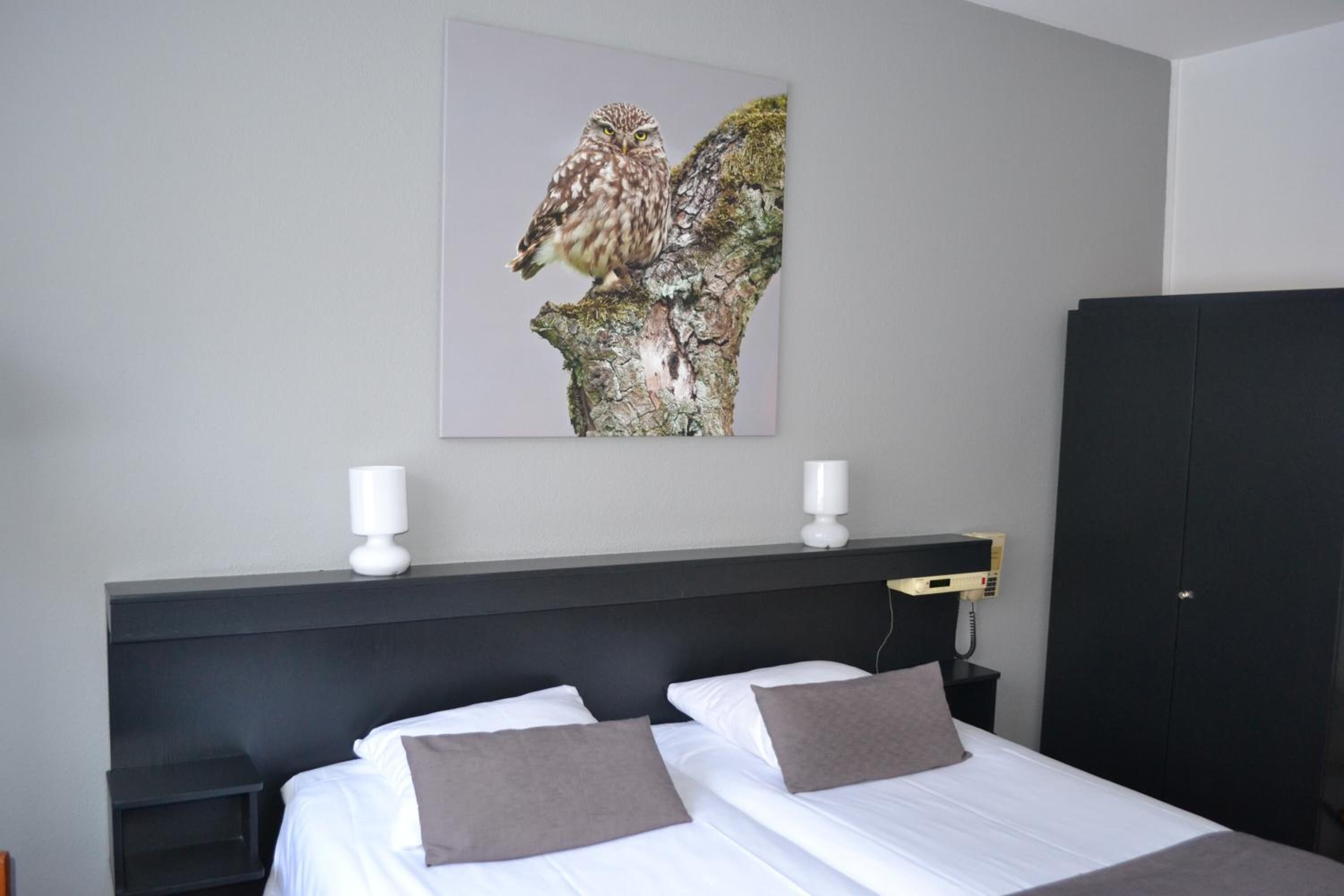 Ett hotellrum med en stor säng, två sängbord, en svart garderob och ett väggmonterat konstverk som föreställer ugglor.