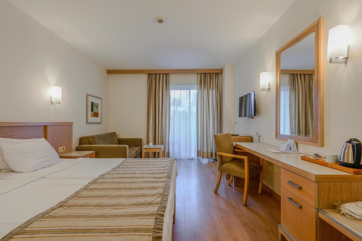 A hotel room with a large bed, a desk, a chair, a TV, and a mirror.