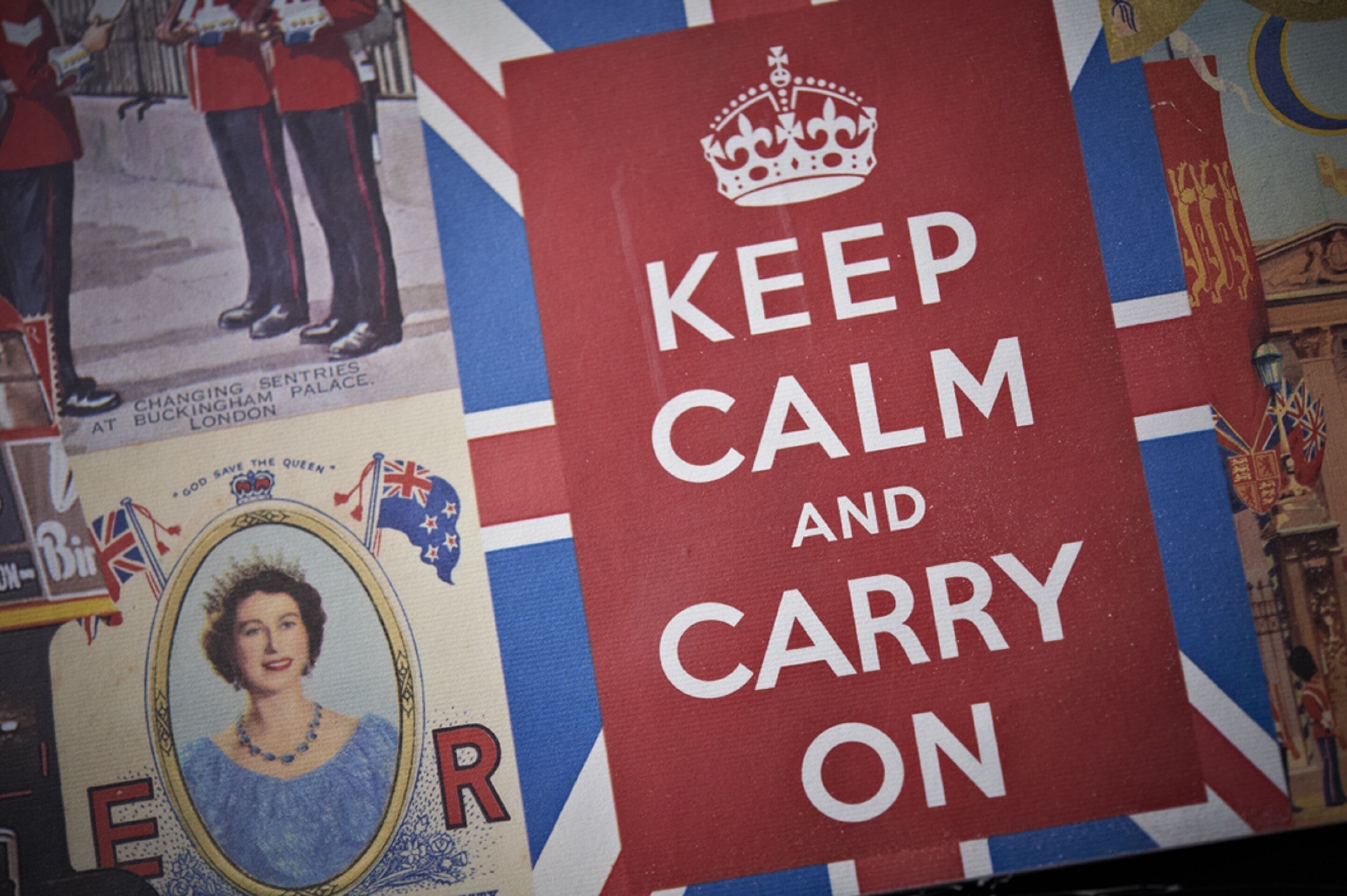 A collage with a 'Keep Calm and Carry On' poster, a portrait, and a Buckingham Palace guard scene.