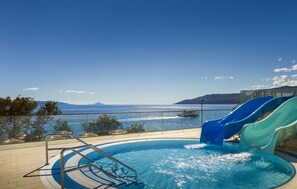 Seasonal outdoor pool, pool umbrellas, pool loungers