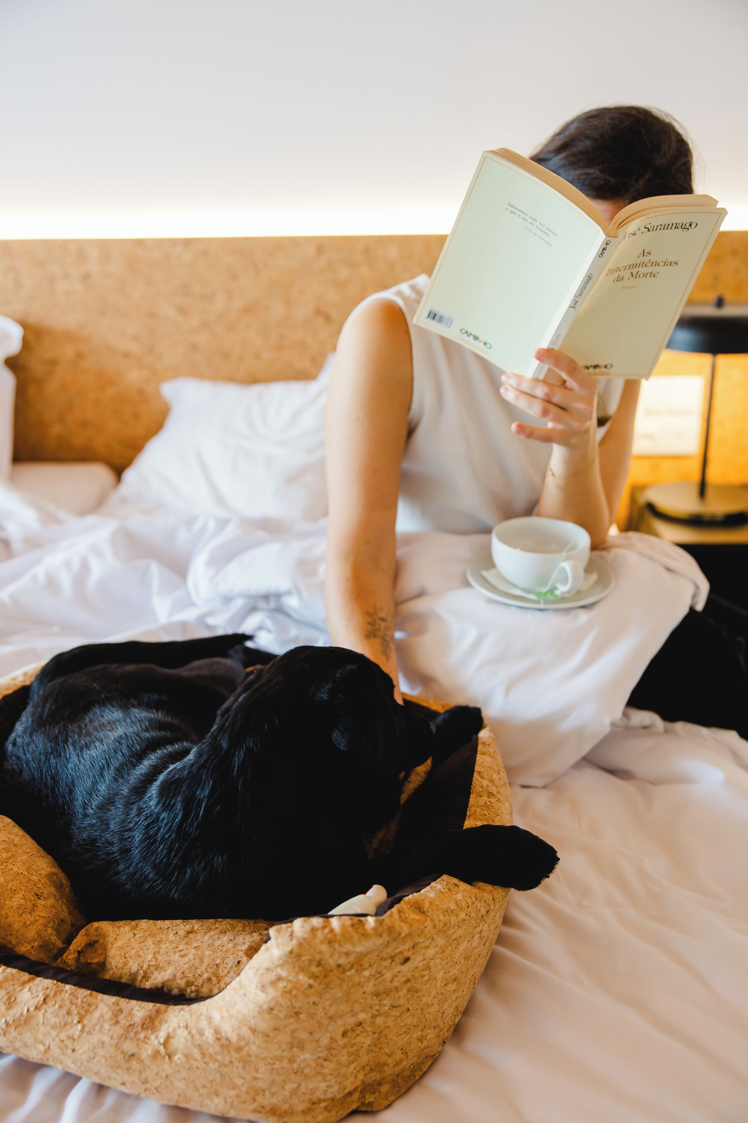 A person reading a book on a bed with a cup of tea, a black dog in a basket, and a plain wall in the background.