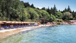 A beach with rows of blue lounge chairs and umbrellas, a sandy shore, and a forested hillside in the background.