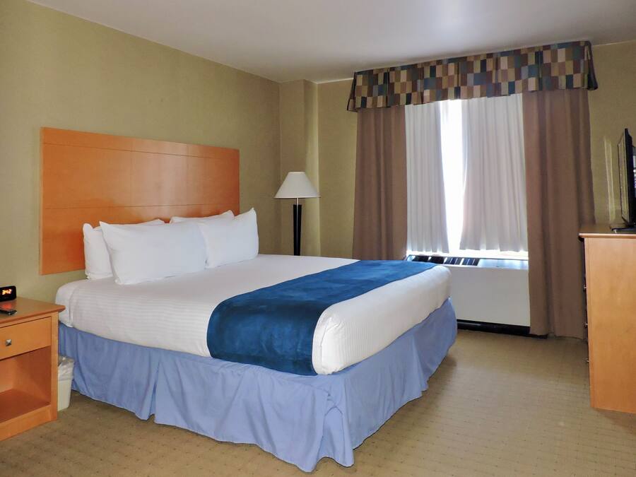 Habitación de hotel con una cama grande, una mesita de noche, una lámpara, una ventana con cortinas y un televisor sobre un mueble de madera.