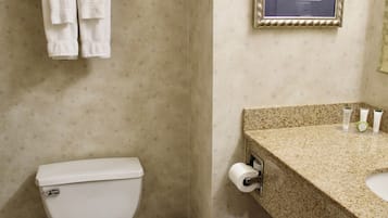 A bathroom with a toilet, a towel rack with two towels, a framed picture on the wall, and a sink with toiletries.
