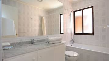 Combined shower/bathtub, hair dryer, towels, soap