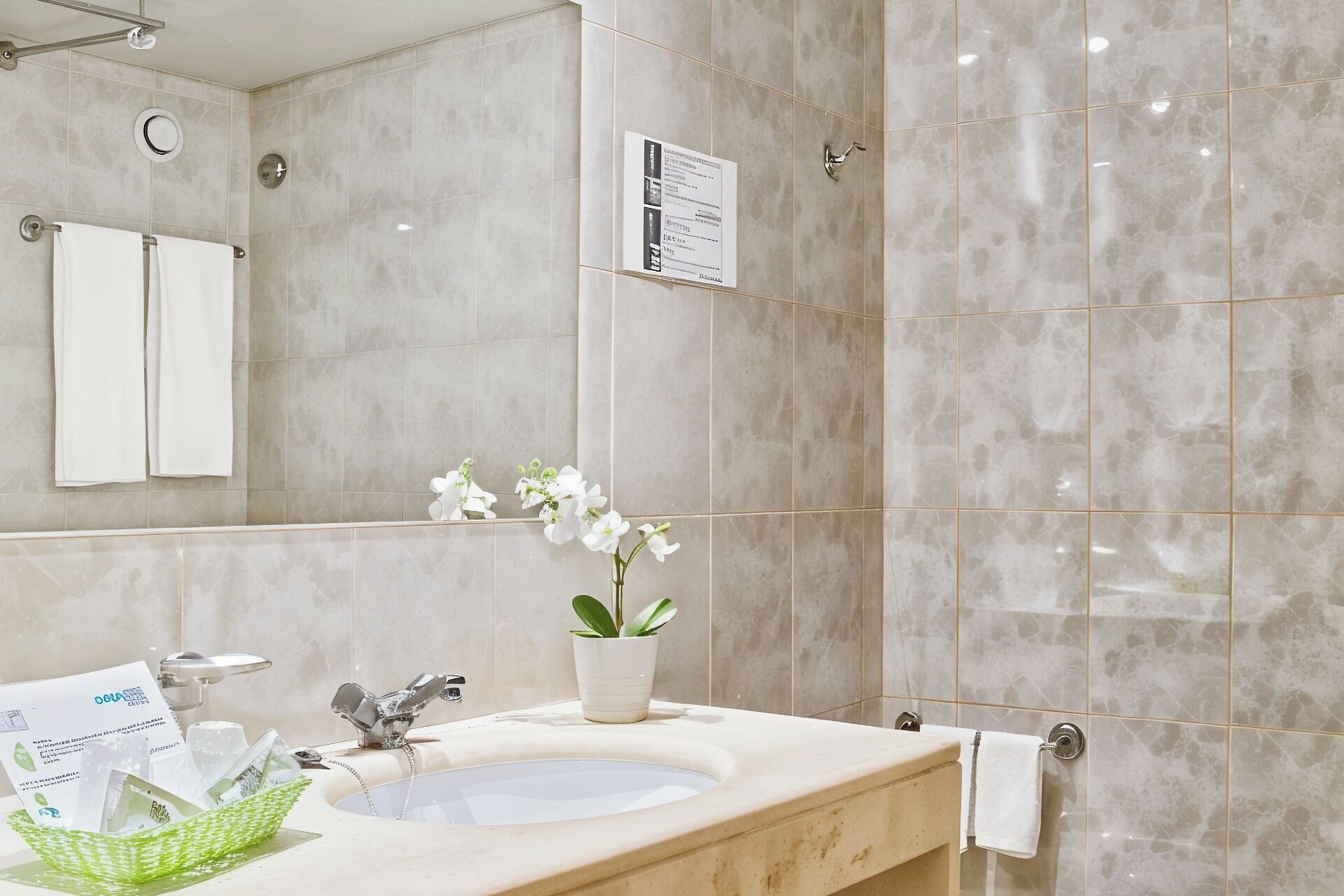 Une salle de bain équipée d’un lavabo, d’un miroir, d’un porte-serviettes, d’une douche et d’une orchidée en pot.