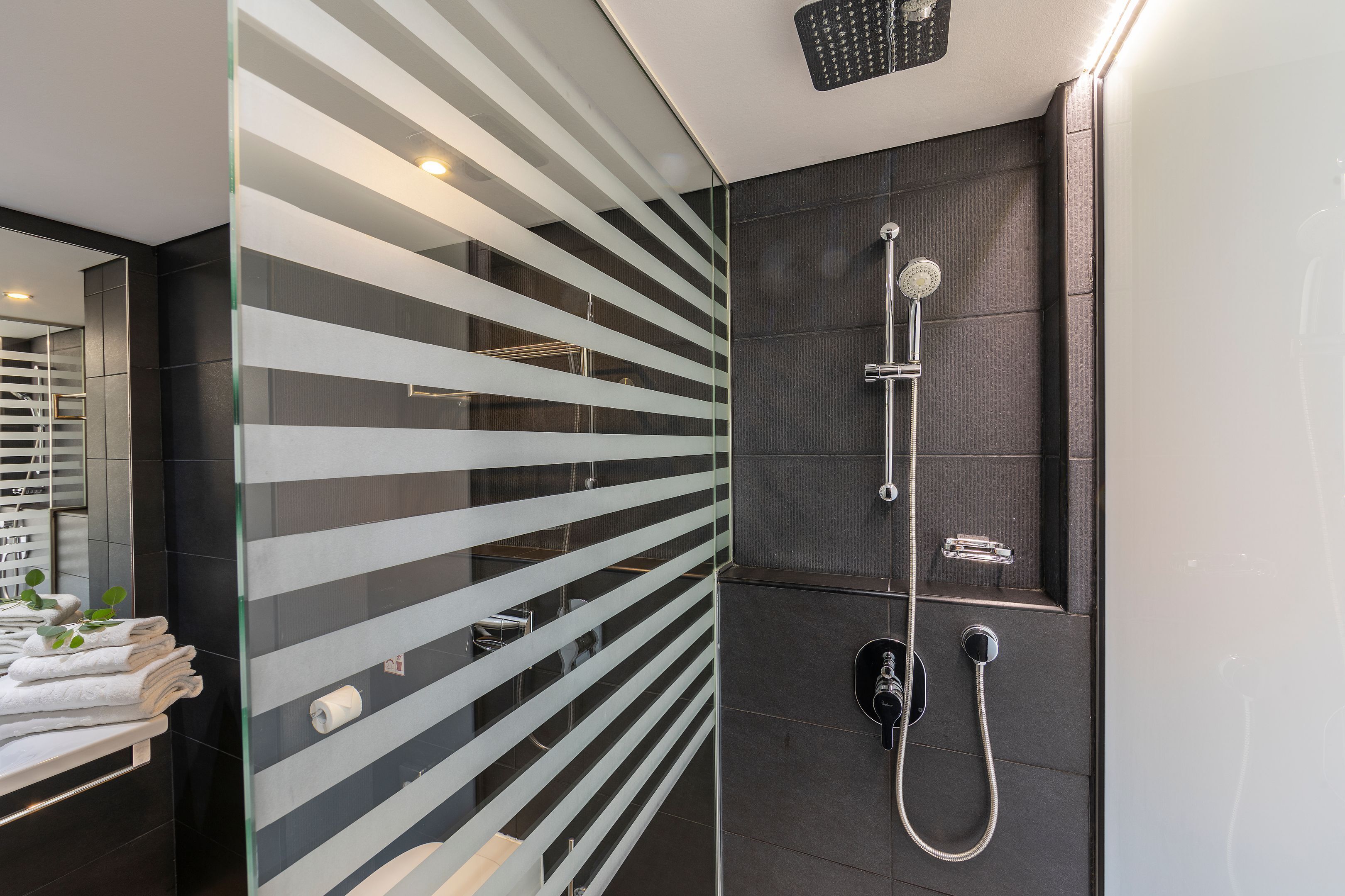 Ein modernes Badezimmer mit Glasabtrennung, einer Dusche mit Duschbrausehandstück und einem Handtuchhalter mit gefalteten Handtüchern.