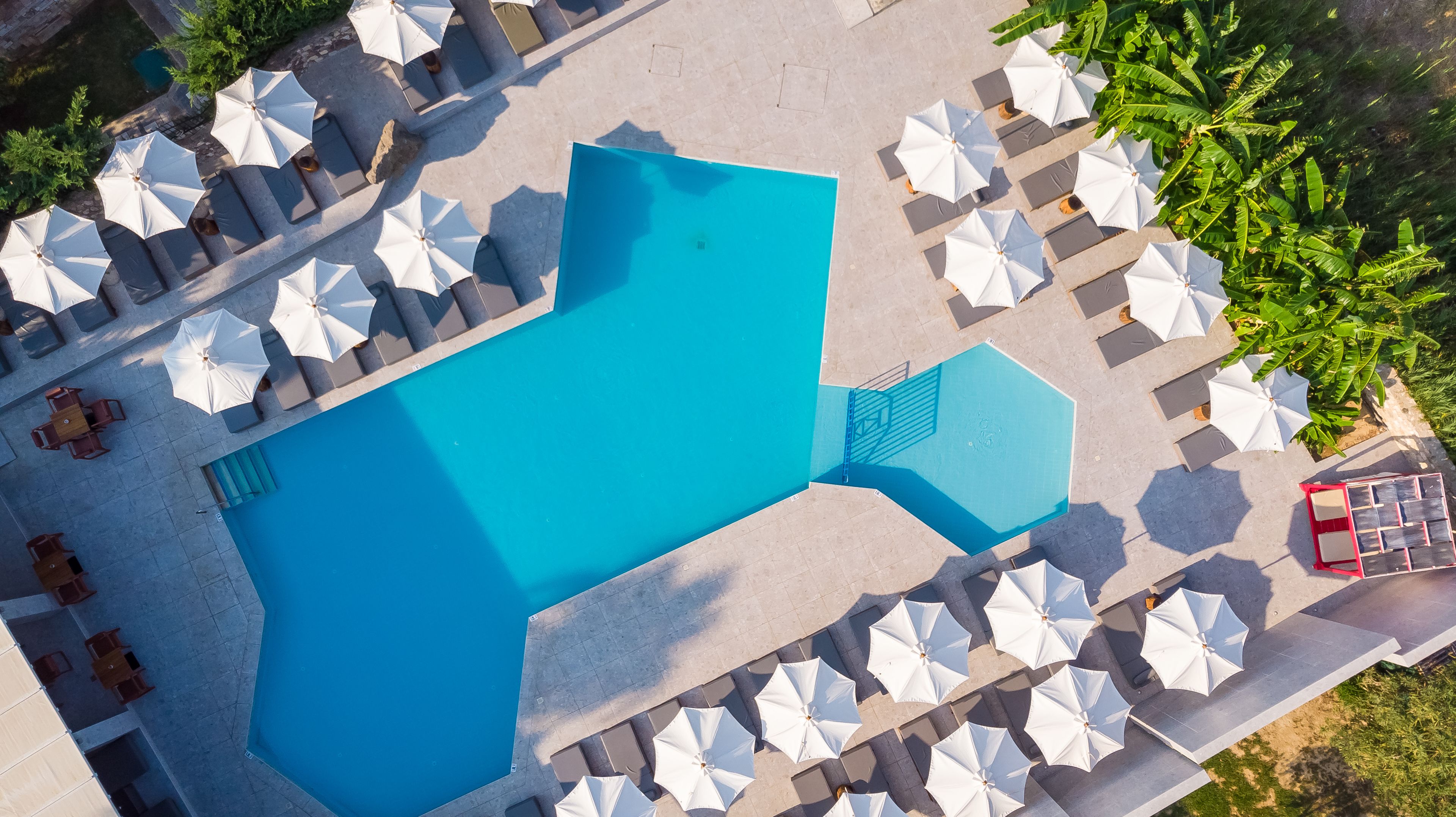 Outdoor pool, pool umbrellas, pool loungers