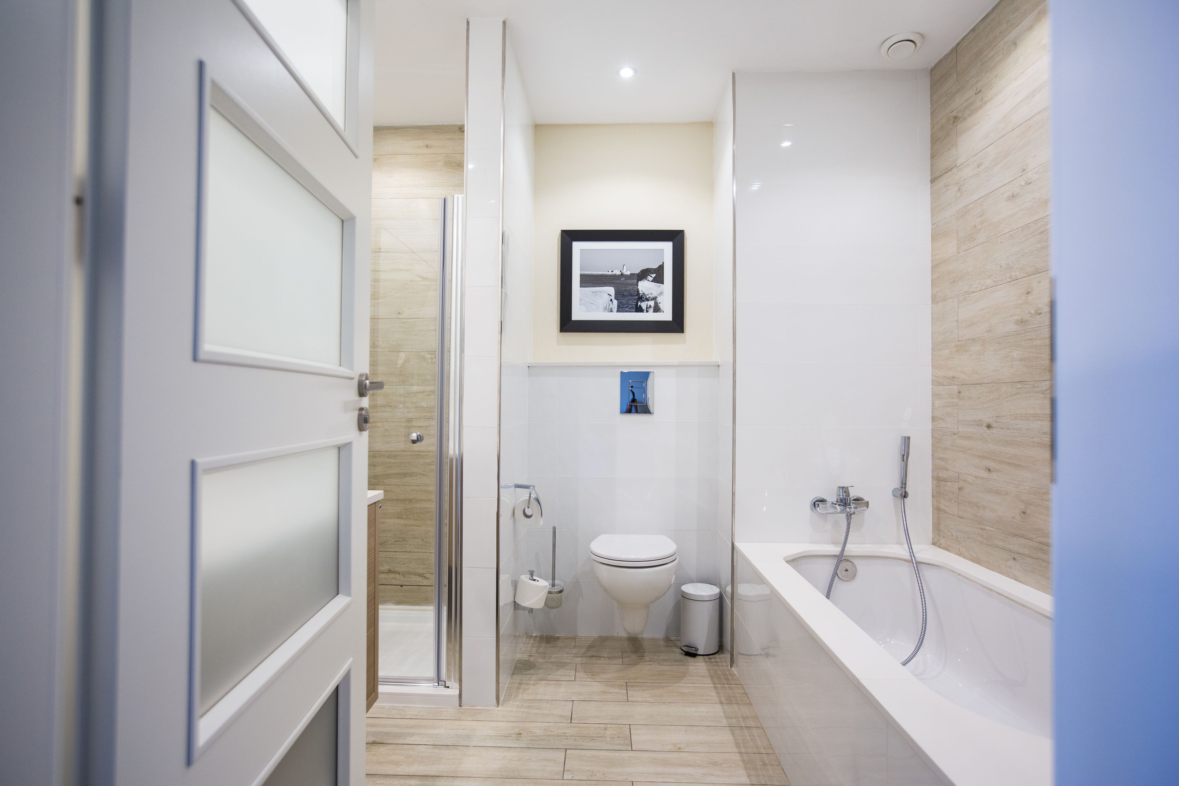 combined shower/bathtub, free toiletries, hair dryer, towels