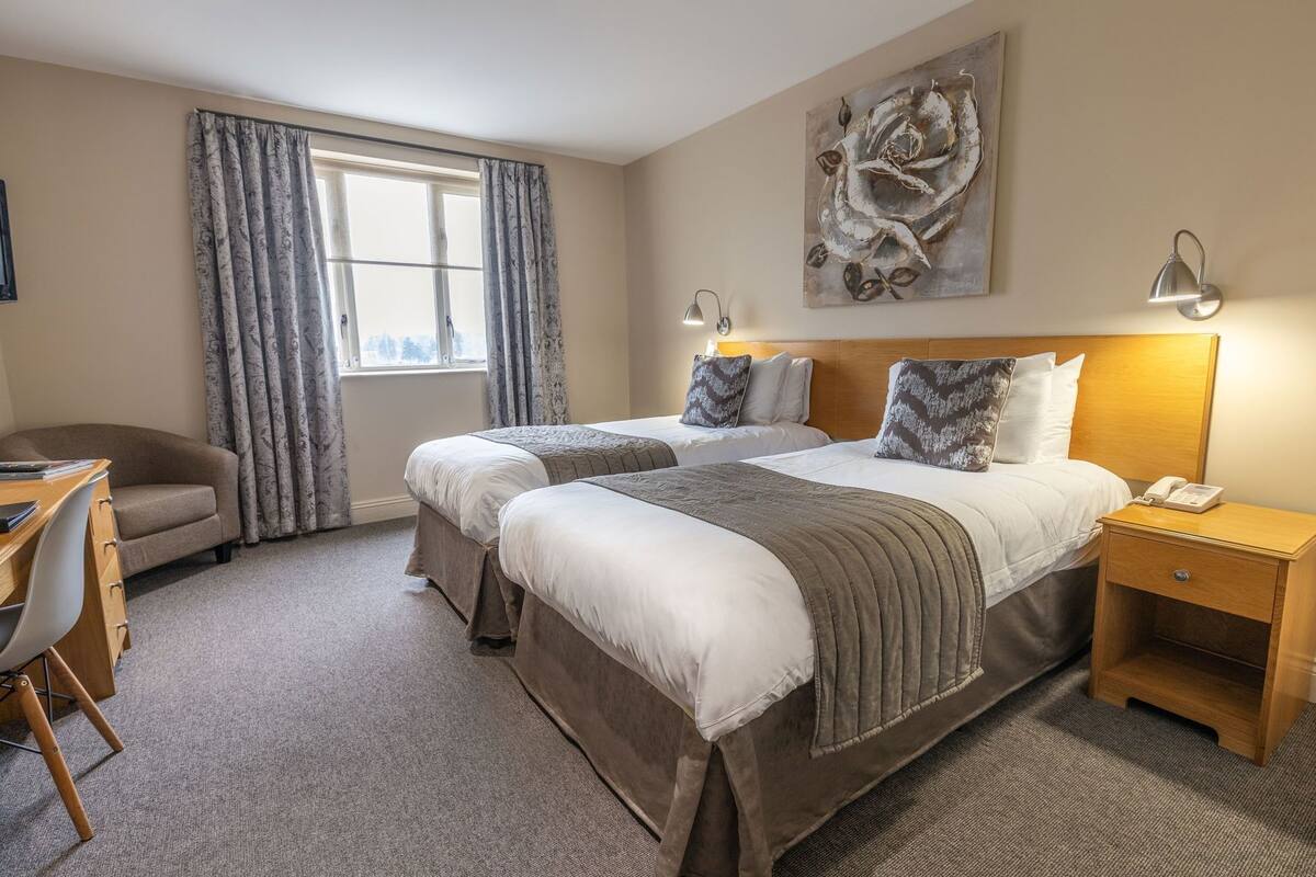 Une chambre d’hôtel avec deux lits, un bureau, une chaise, une table de chevet avec une lampe et un grand tableau abstrait accroché au mur.