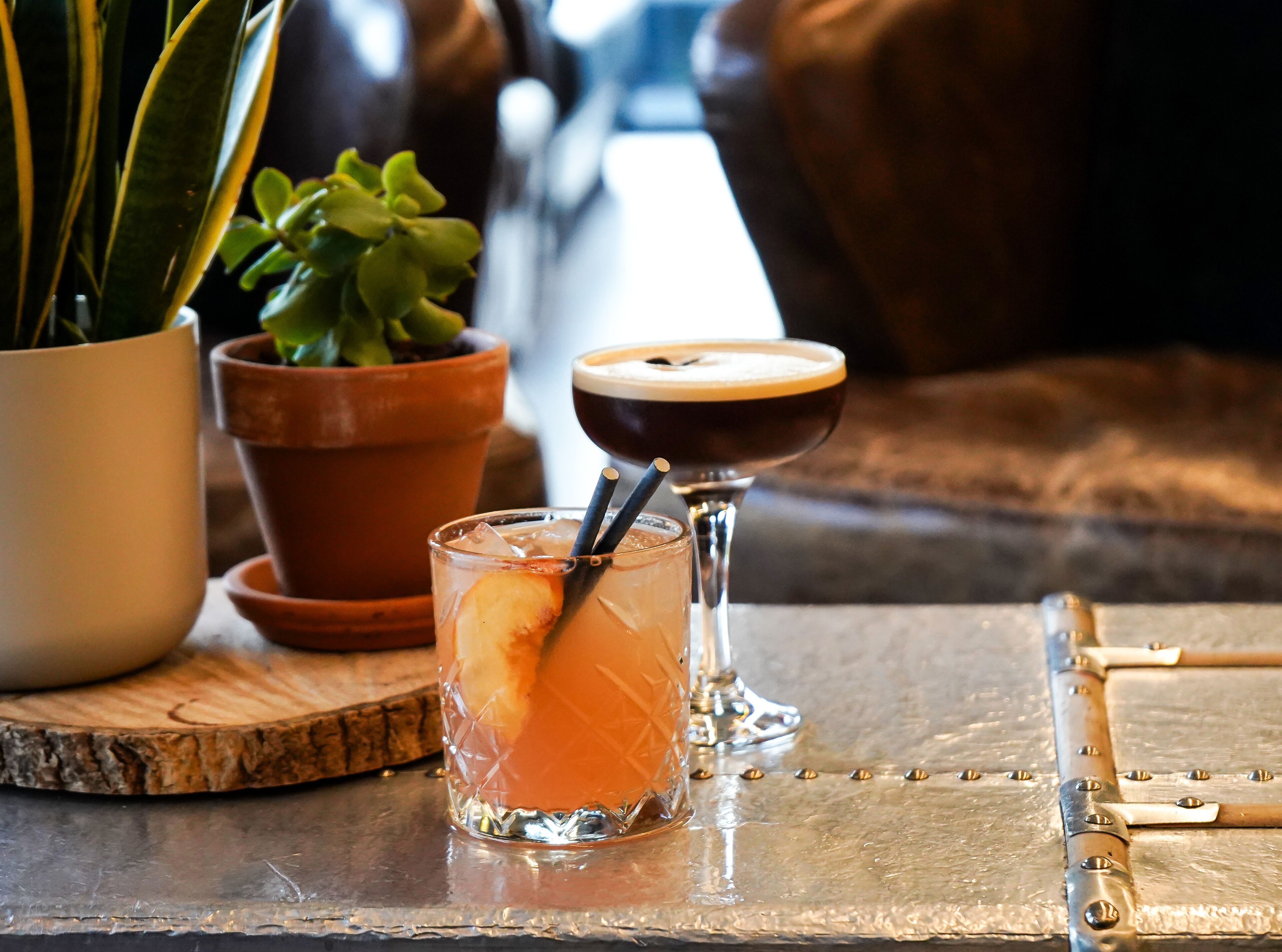 A bar setting with a cocktail glass, a martini glass, and a potted plant.