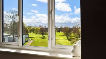 A window with a view of a green landscape, a white vase, and a door handle.