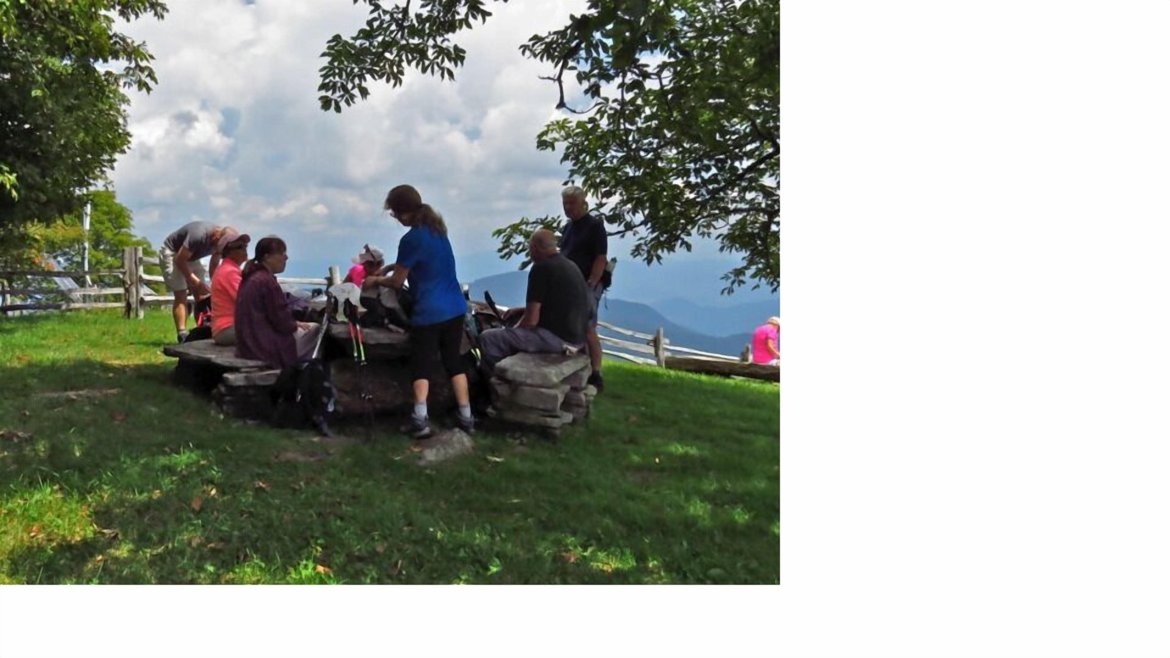 A group of people gathered around a stone table in a grassy outdoor area with trees and mountains in the background.