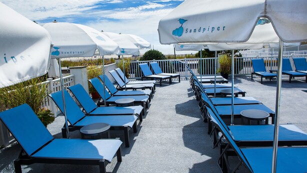 A rooftop terrace with blue lounge chairs and white umbrellas labeled "Sandpiper."