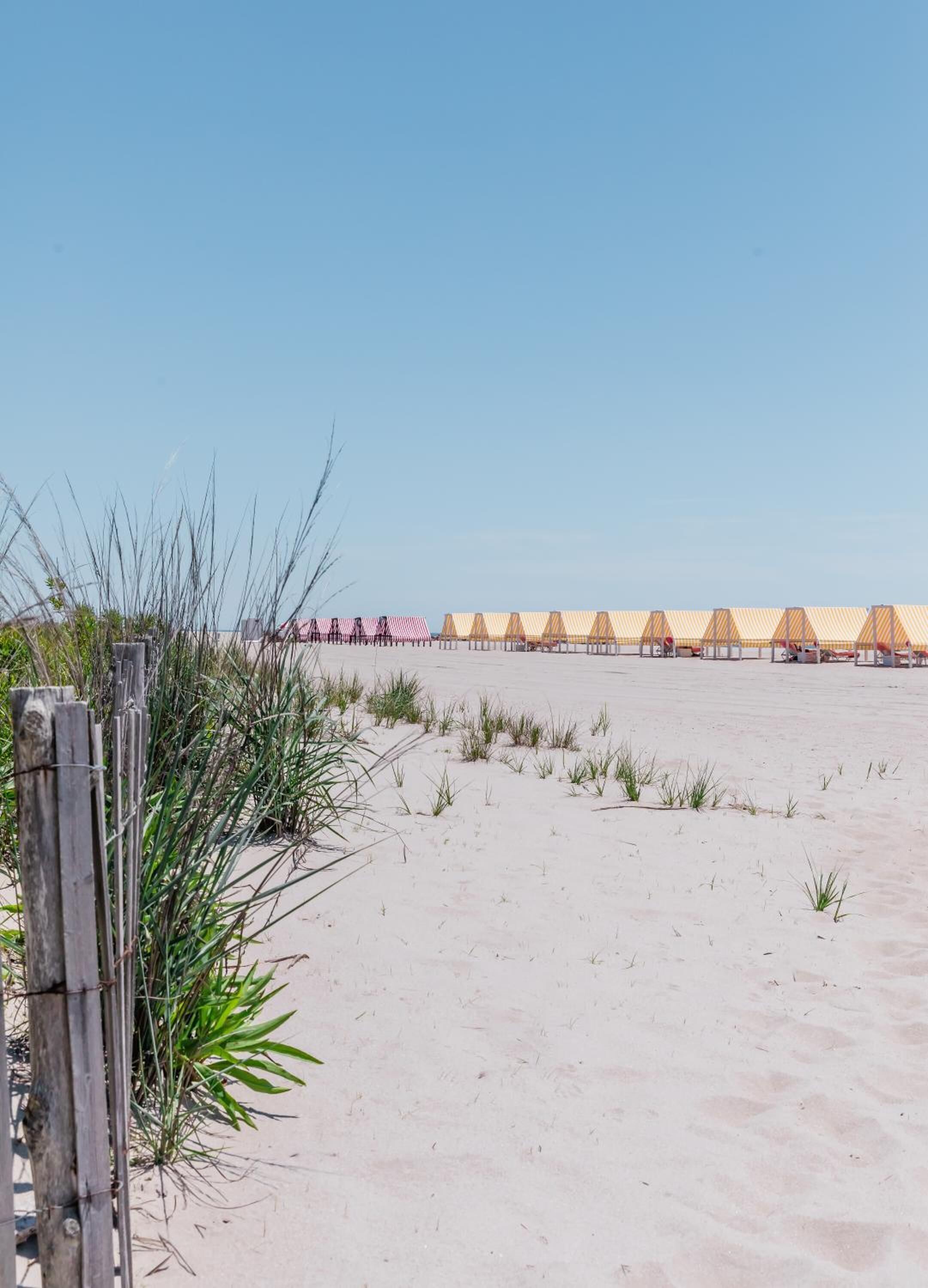 A beach with wooden fencing and sparse vegetation.