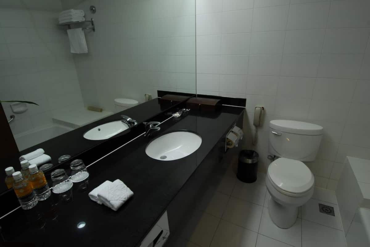 Bathtub, rainfall showerhead, free toiletries, hair dryer