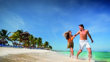 A beach scene with clear skies, palm trees, and a sandy shore.