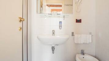 A bathroom with a sink, bidet, and a glass shower enclosure.