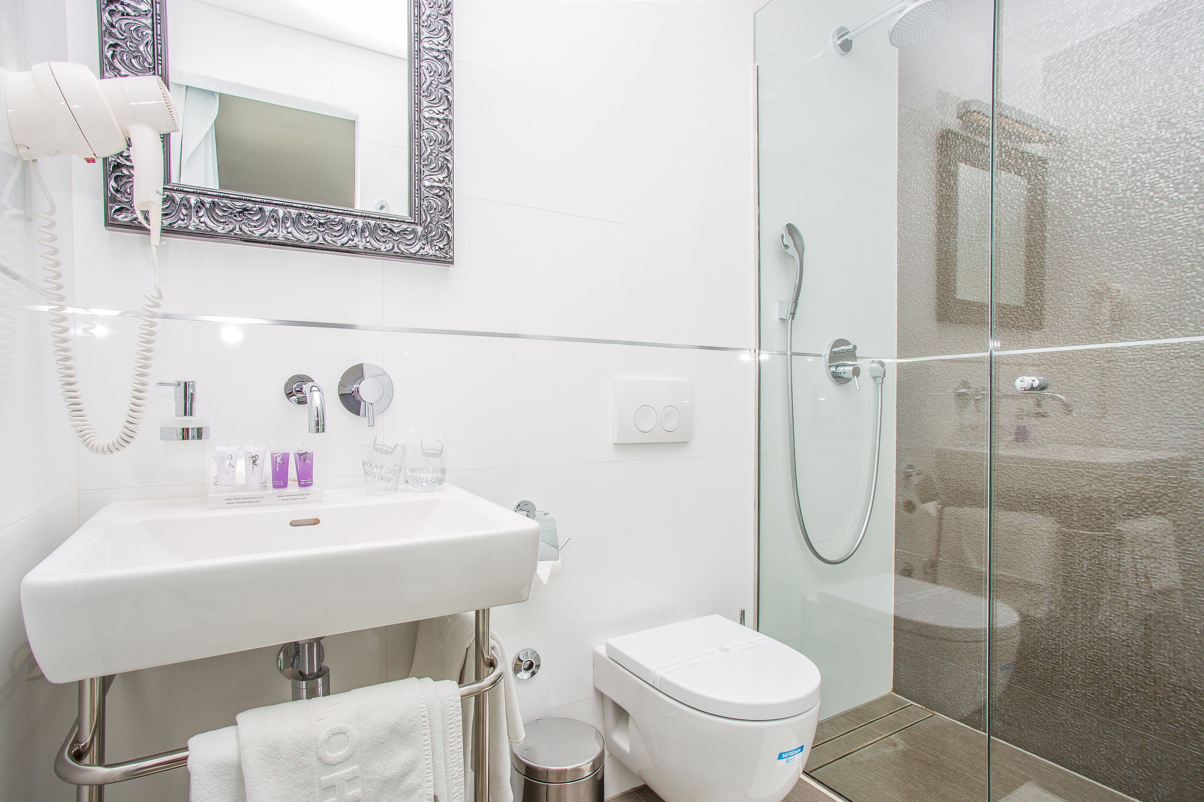 Un baño moderno con ducha de vidrio, lavamanos blanco y artículos de aseo, y un inodoro.