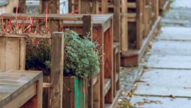 Una fila de macetas de madera con diversas plantas y flores, dispuestas a lo largo de una acera.