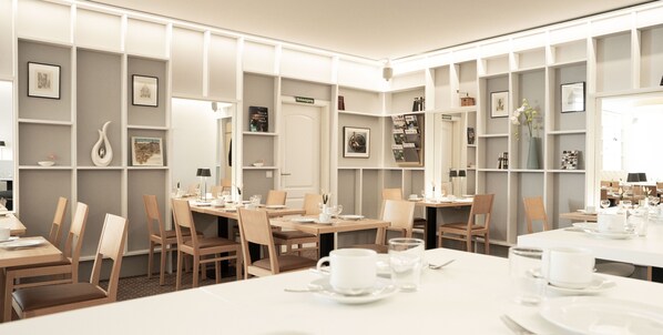 Un comedor moderno con varias mesas y sillas, obras de arte enmarcadas en las paredes y un diseño limpio y minimalista.